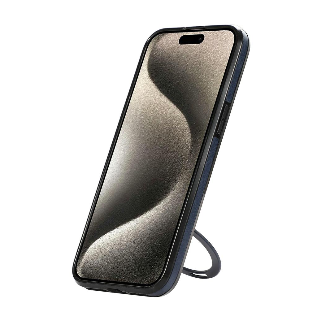 For iPhone 15 Pro Case Magnetic Kickstand PU Leather Coated PC+TPU Phone Cover