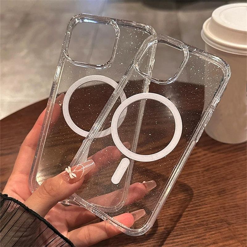 Luxuriöser Bling-Glitter für Magsafe Wireless Charge Magnethülle für iPhone 15 14 Plus 13 12 11 Pro Max Klare harte Acrylabdeckung