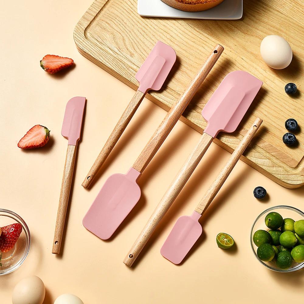 5Pcs/Set White Silicone Cream Spatula Non-stick Pastry Blenders Wood Handle Chocolate Butter Baking Scraper Kitchen Cake Mixer