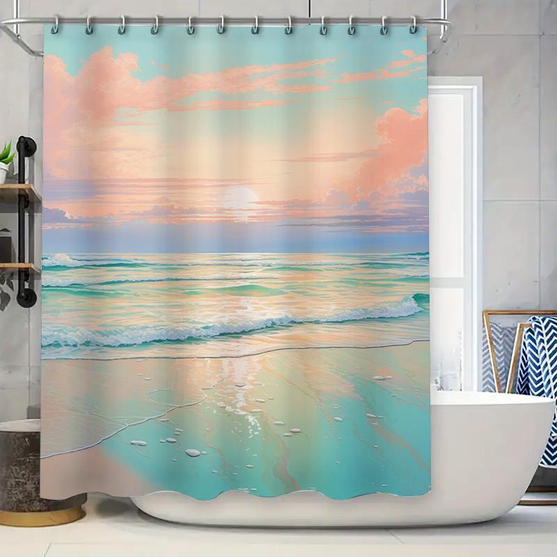 

Beach Scene Shower Curtain Soft Pastel Colors For A Relaxing Bath Experience W60H190(CM)-1 Pcs