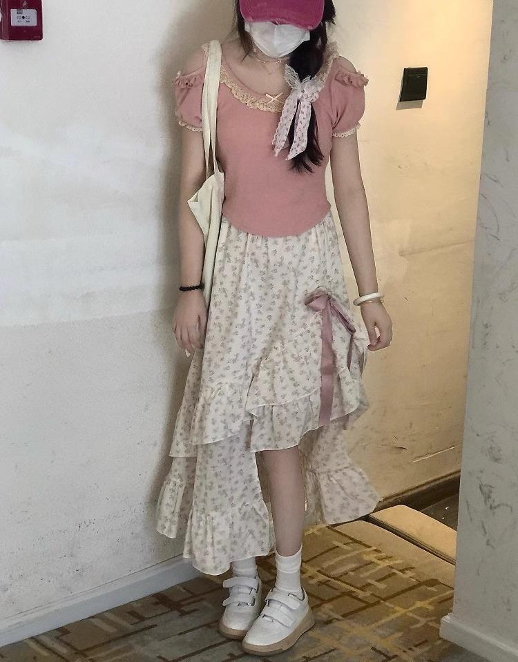 zZZZ Floral Bow Drawstring Midi Skirt - Irregular Hem, High Waist A-Line for Petites, Girly Style