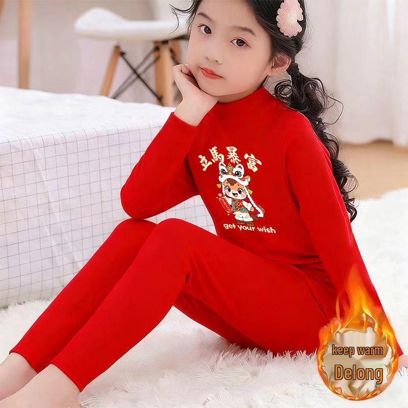 2026 Children's Red Year of the Horse Fleece Suit - Warm Half-High Collar for Medium and Large Kids