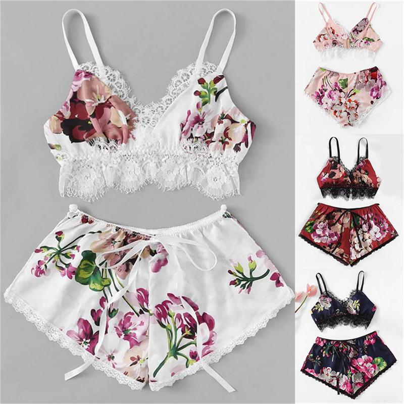 Pajamas Set Women'S V-Neck Silk Lace 