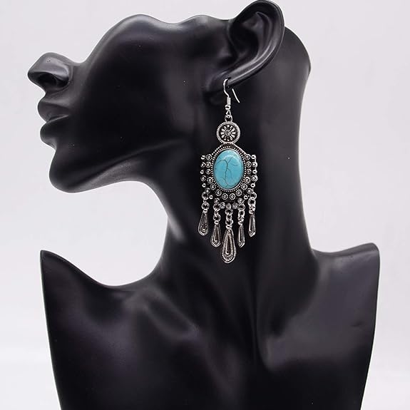 Valentinstagsgeschenk, oxidiertes Silber, schwarzes Metall, Messing und türkisfarbener Magnesitstein, hängende Traumfänger-Ohrringe für Frauen/Mädchen (blau)