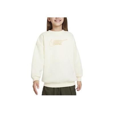 Nike Sportswear Club Fleece Logo Print Crewneck Loose Fit Long Sleeve Kids Tops Coconut FJ6161-113