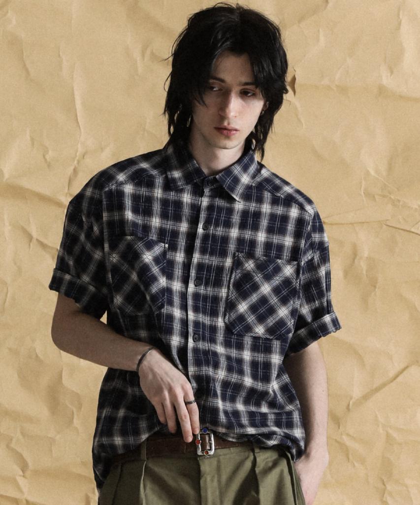 STAGE NAME Bridge Over Vintage Check Short Sleeve Shirt_Navy