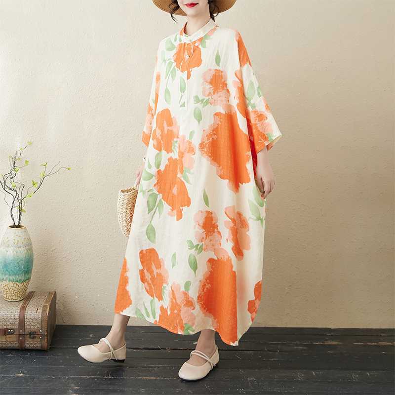 2025 Printed Stand Neck Loose Extra-Large Size Vacation Dress