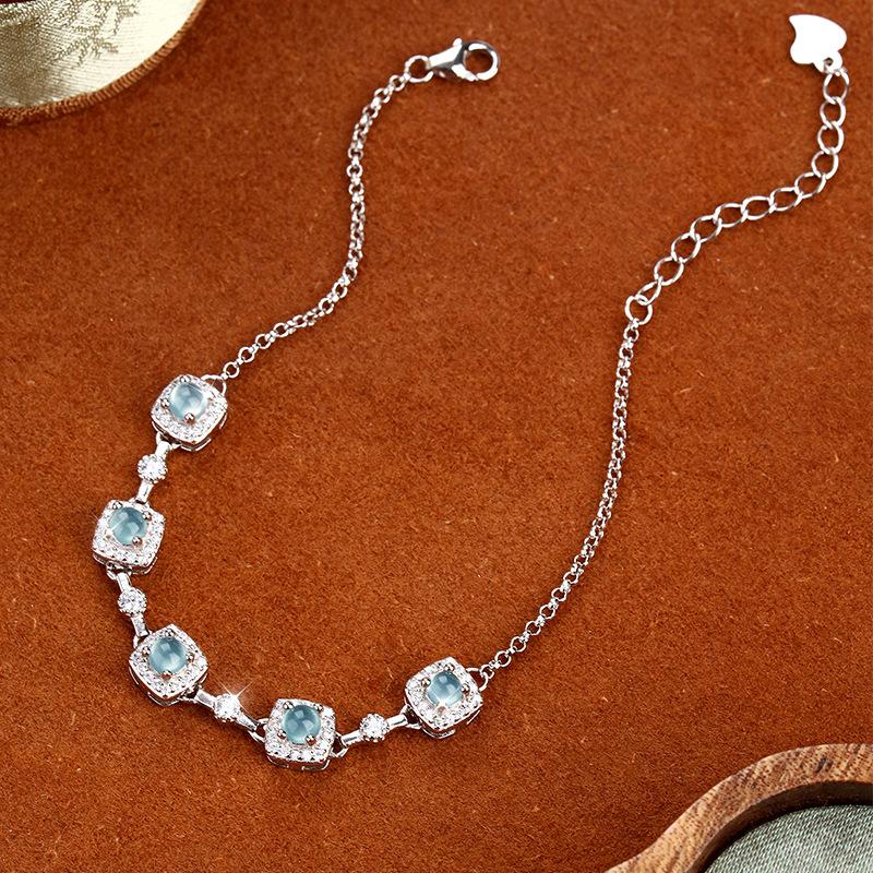 Natural A Jadeite Blue Water Egg Surface Princess Bracelet Inlaid with Ice Jade Women's S925 Sterling Silver Light Luxury Jewelry Fashion Gift