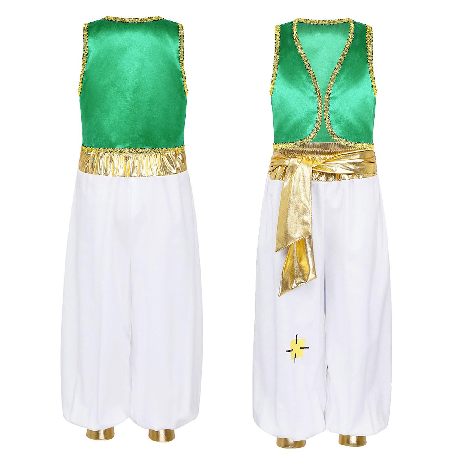 

Boys Arabian Prince Costume Sleeveless Braided Vest Open Front Waistcoat Patchwork Pants Elastic Waist Halloween Cosplay 13-14 Years