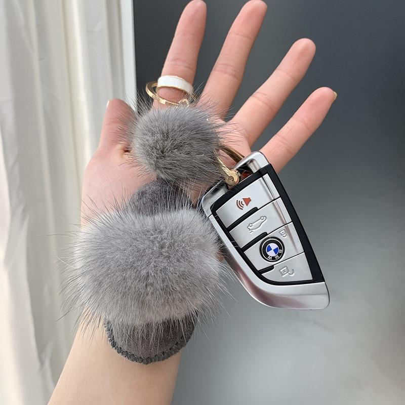 Luxury Fluffy Real Mink Fur Slippers Ball Pom Poms Fur High Quality Car Metal Ring Pendant For Women Bag Charm