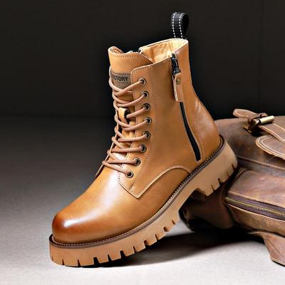 Herren Herbst- & Winterstiefel aus gelbem Echtleder mit dicker Sohle, seitlichem Reißverschluss und runder Zehenpartie - Bequemer mittelhoher Martin-Stil.