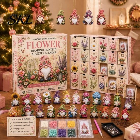 Stress Relieving Art Crafts 24-Day Gnome Advent Calendar, Faux Diamond Ornaments DIY Christmas Gift for Family Kit, Handmade Hanging Tree Wreath Home