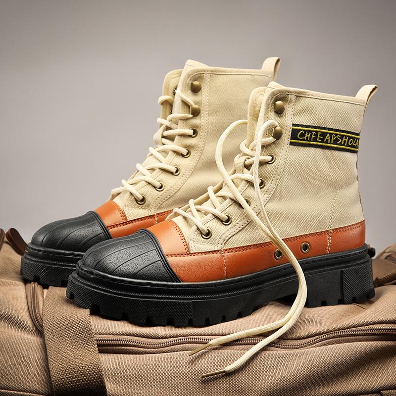 Autumn Winter Fashion Green Men Motorcycle Boot Platform Breathable Canvas Boots Men Lace-up Ankle Boots for Men Botas Masculino