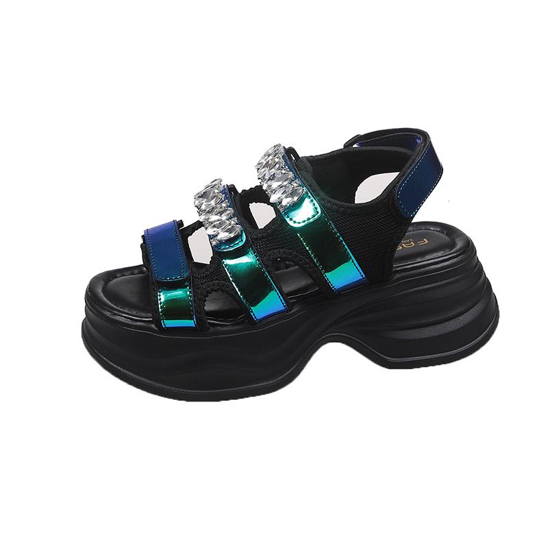 Modne Damskie Letnie Sandały na Platformie Błyszczące Oddychające Koturny 9CM Obcasy Damskie Kryształowe Klapki Plażowe Grube Buty Sandalias Mujer