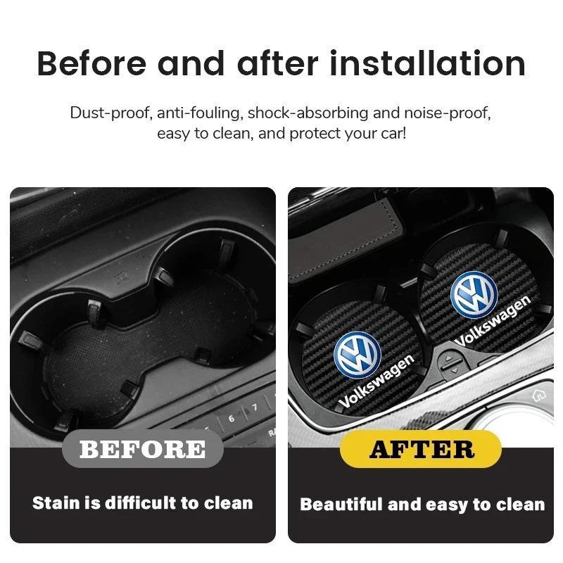 For VW 2Pcs Carbon Fiber Coaster Car Water Cup Anti-slip Pad Mat For Volkswagen Golf 5 6 Tiguan Jetta Passat Scirocco Arteon T
