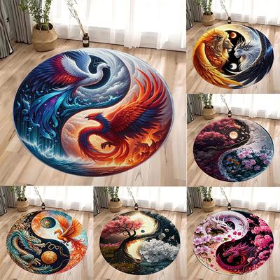 Yin Yang Mitinių Būtybių Raštas Apvalus Durų Kilimėlis Ryškūs Drakonai ir Palankūs Žvėrys Neslystantis Grindų Kilimėlis Namų Dekoravimui