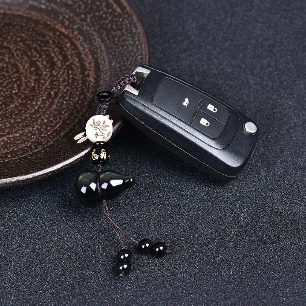 with Black Red Beads Bag Charms Natural Obsidian Car Key Ring Gourd Pendant Keychain  Small Gifts