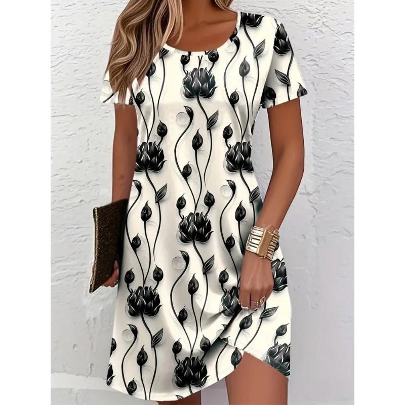 Fashion Women's Crew Neck Dress 3D Casual Color Printing Casual Dress Crew Neck Dress