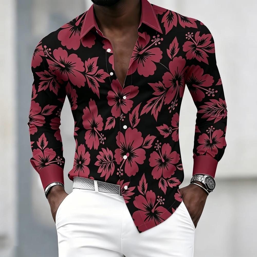 Herren Retro-Blumenprint Langarmhemd mit schwarzem Hintergrund, Hell