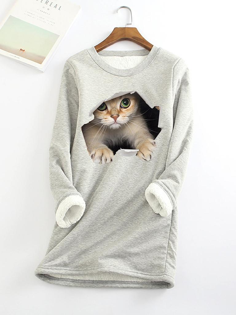 Autumn and Winter New Plus Size Fashionable Round Neck Pullover Cat Long Sleeved Plus Plush Thick Women's Bottoming Shirt Top