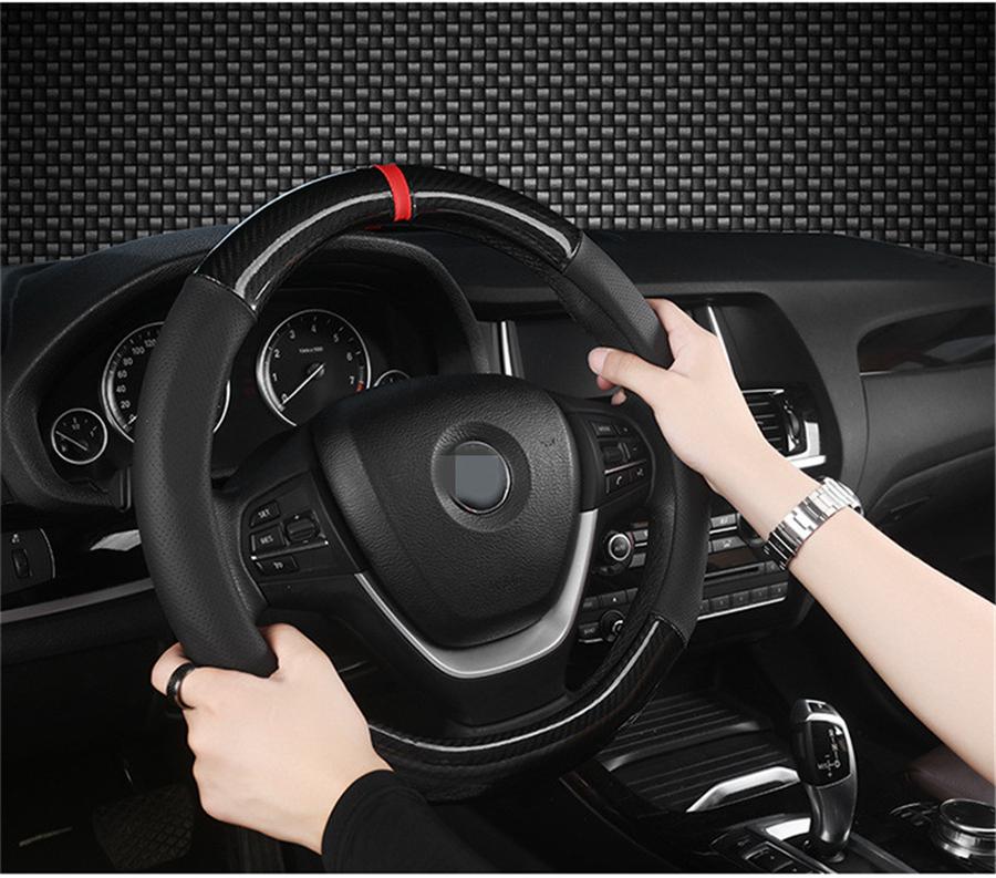 38CM Deluxe Black Carbon Fiber & Leather Car Steering Wheel Cover Trim Universal