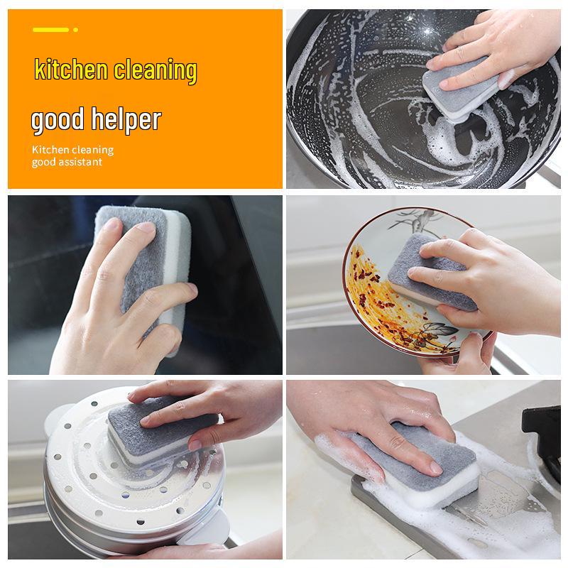 Grey Double-Sided Sponge Scourer for Kitchen & Dishwashing: Three-Layer Pot Scrubber