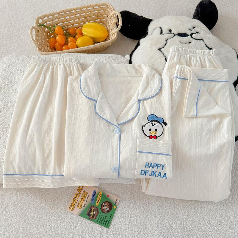 Solid color high-end wind summer imitation cotton jacquard duckling pajamas women's summer short-sleeved three-piece set