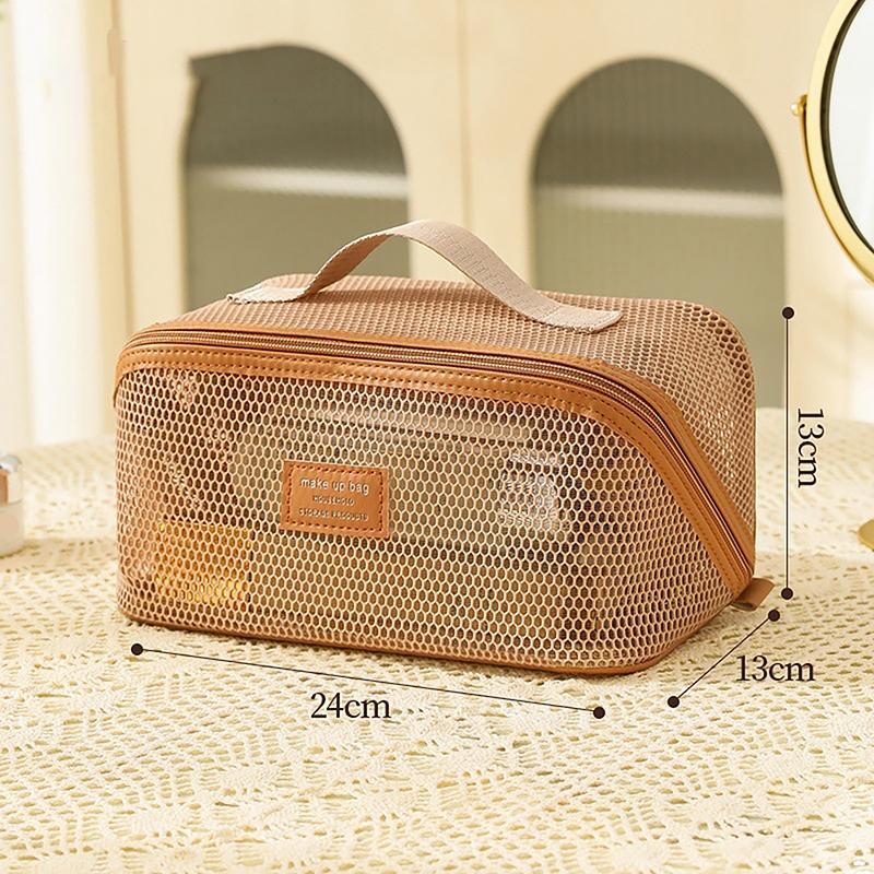 Portable Solid Color Mesh Cosmetic Bag Lightweight Space Saving Zipper Bags Large Capacity Travel Toiletry Storage Handbag