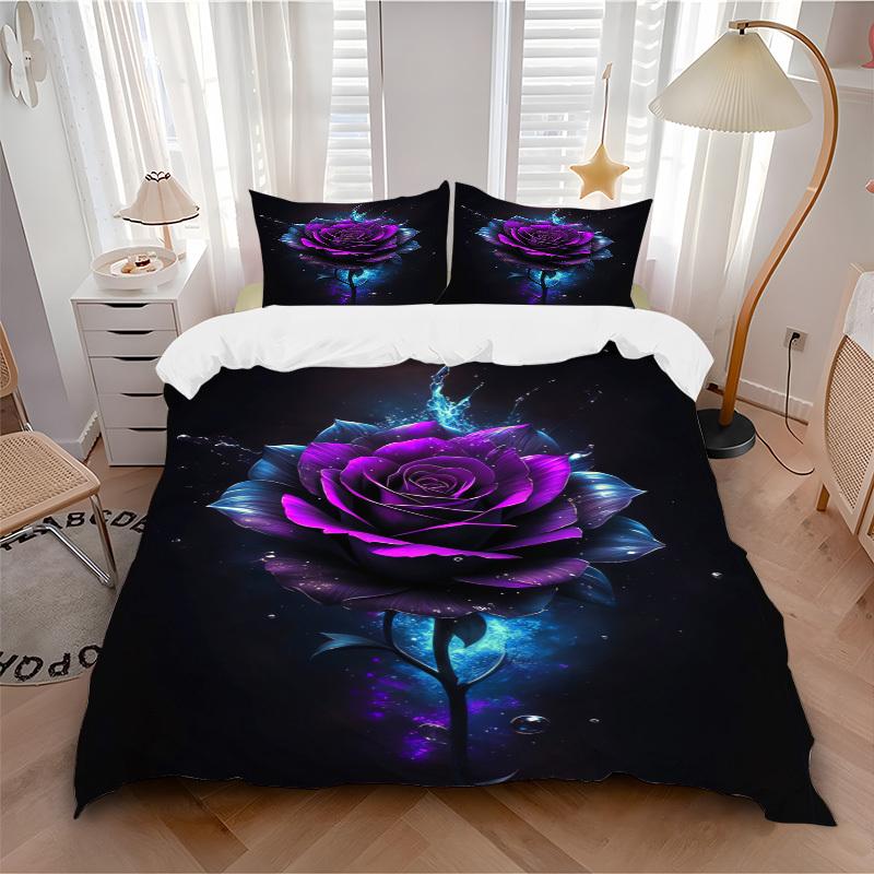 3pcs Purple Rose, Water Splash Bedding Set Soft Polyester Down Comforter Cover and Pillowcases,Home Decoration All Seasons(No Insert) S0819103