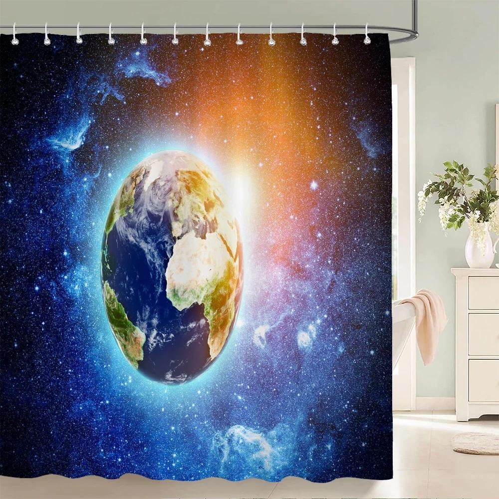 Earth Moon Starry Sky Scenery Printing Shower Curtains Bathroom Curtain Waterproof Fabric With Hooks Home Decoration Bath Screen