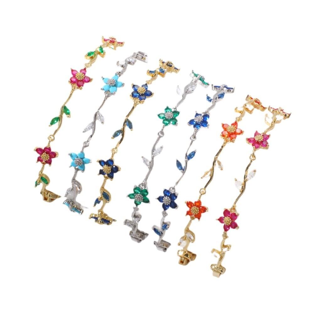 Charm Stainless Steel Stackable Bracelets Shiny Rhinestone Multiple Color Cubic Zirconia Bracelets Leaves Flower Bracelet Women
