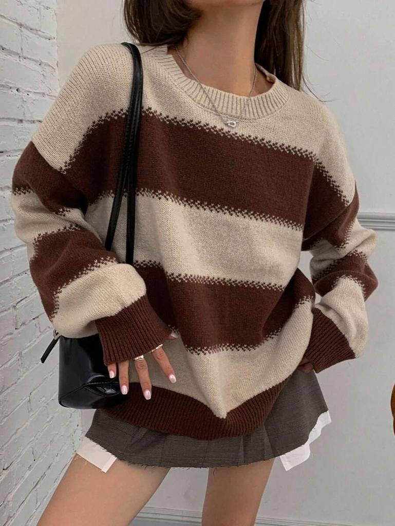 Lazy Wind Striped Contrasting Color Long-sleeved Knitted Sweater Women's Autumn Wear Crew Neck Pullover Temperament Top Sweater