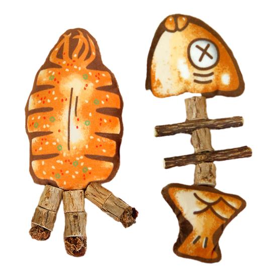 Wooden Fishbone Cat Teething Toy Double-Sided Grilled Cuttlefish Chew Silvervine Stick Dental Health Teeth Cleaning Interactive Toy Pet Supplies