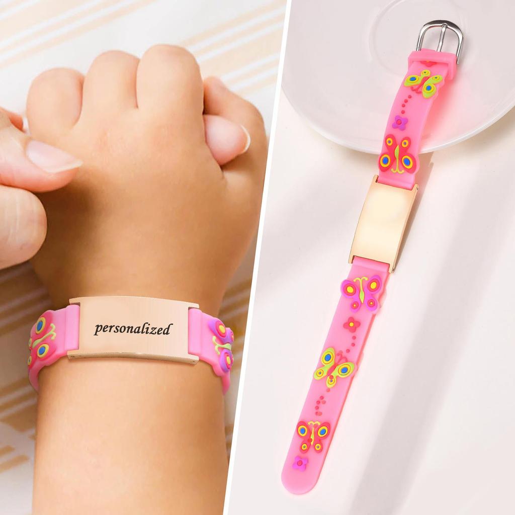 Butterfly Chain Girl Boy Bracelet Personalized Gift, Custom Name ID Silicone Wristband, Free Engrave ID Bracelet Adjustable