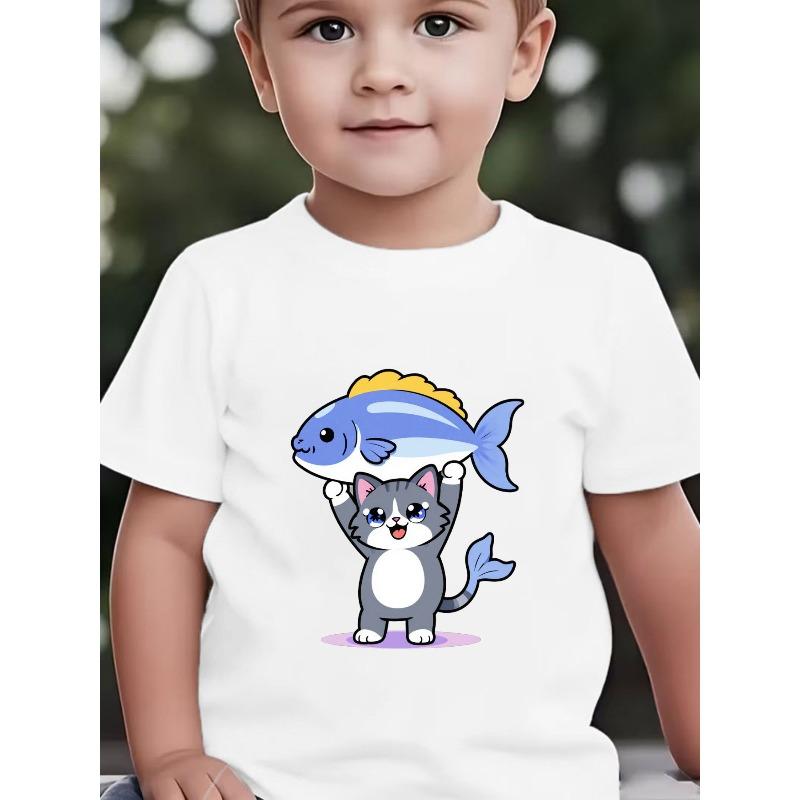 Boys Summer Crewneck T-Shirt, Cute Cartoon Cat Holding Fish With Blue Striped Tail Print 110 белый