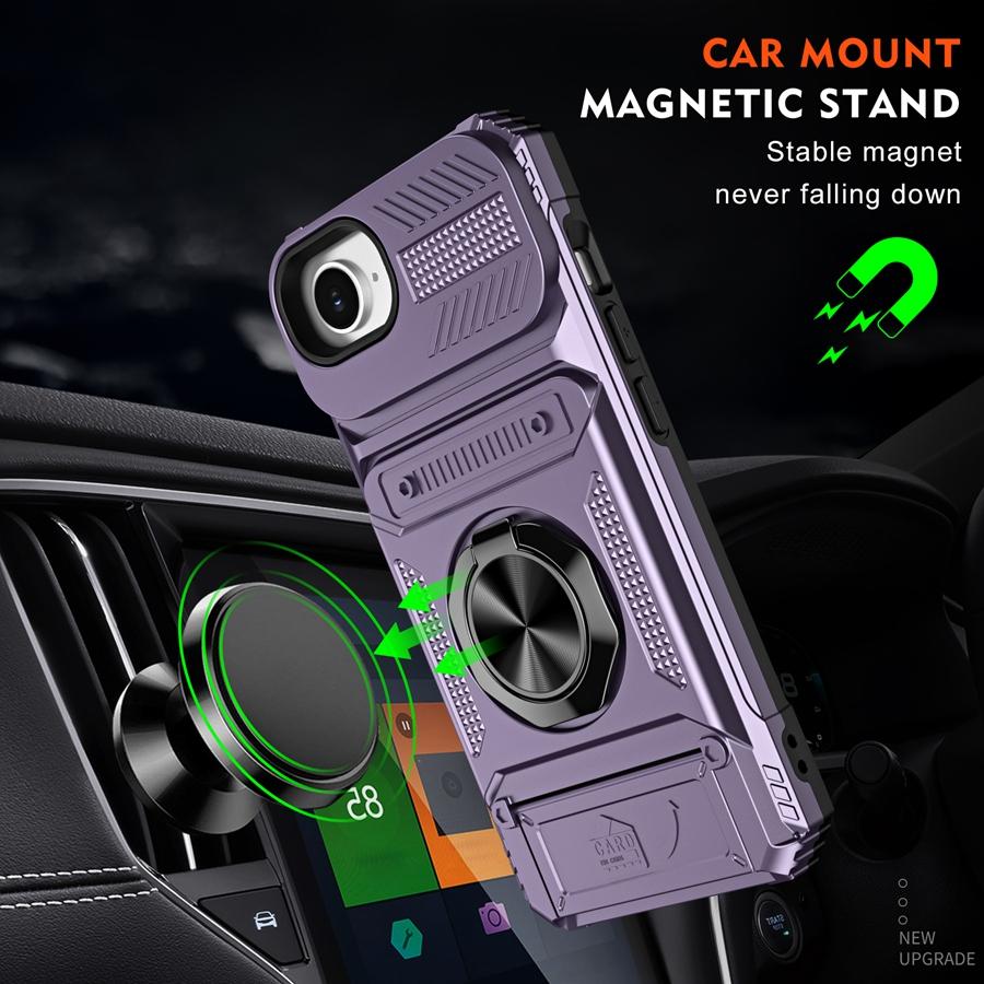 Ultra Rugged Armor Phone Case with 2 Card Slots & Magnetic Metal Ring Stand for iPhone Samsung Shockproof Heavy Duty Hybrid Cover Car Mount Compatible