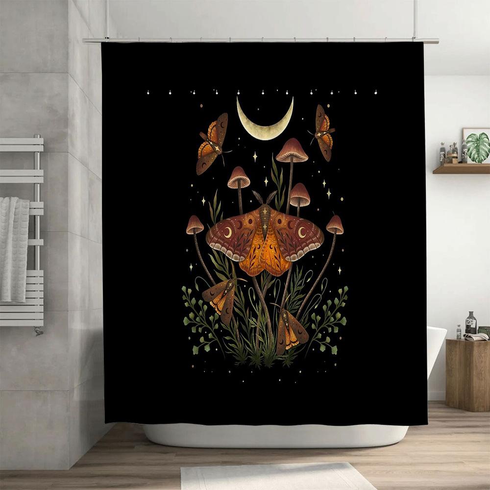 Mushroom Moth Shower Curtain Nature Forest Cottagecore Aesthetic Home Decor Vintage Gothic Dark Academia Room Divider Backdrop
