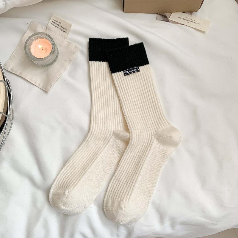 Wool Socks with Children's Multi-color Letter Fabric Labels, Mid-calf Socks, Vertical Stripes, Chunky Socks