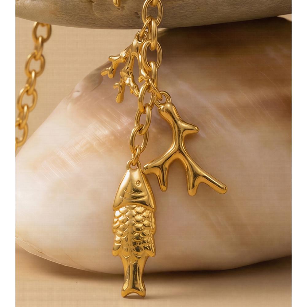 Yhpup Ocean Series Stainless Steel Fish Shell Drop Chain Charm Pendant Necklace PVD Plated Summer Vacation Beach Popular Jewelry