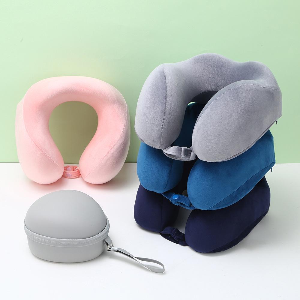 Blue Travel U-Shape Memory Foam Pillow: Foldable, Portable Neck Support with Buckle, Perfect for Naps.
