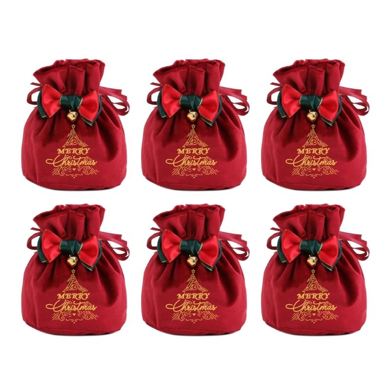 Reusable Holiday Velvets Treat Pouch Drawstring Gift Bag With Bowknot And Bell Christmas Party Decoration Accessories