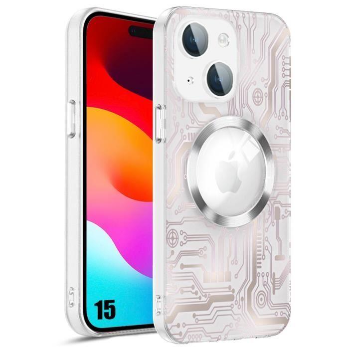Coque de protection pour iPhone 15 - Motif Circuit Electrique - Antichoc - Translucide - Cercle Magnétique