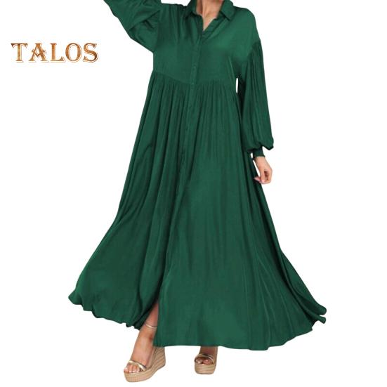 Fall Spring Women Dress Turn-down Collar A-line Big Swing Pleated Long Sleeves Solid Color Single-breasted Loose Patchwork Maxi Dress