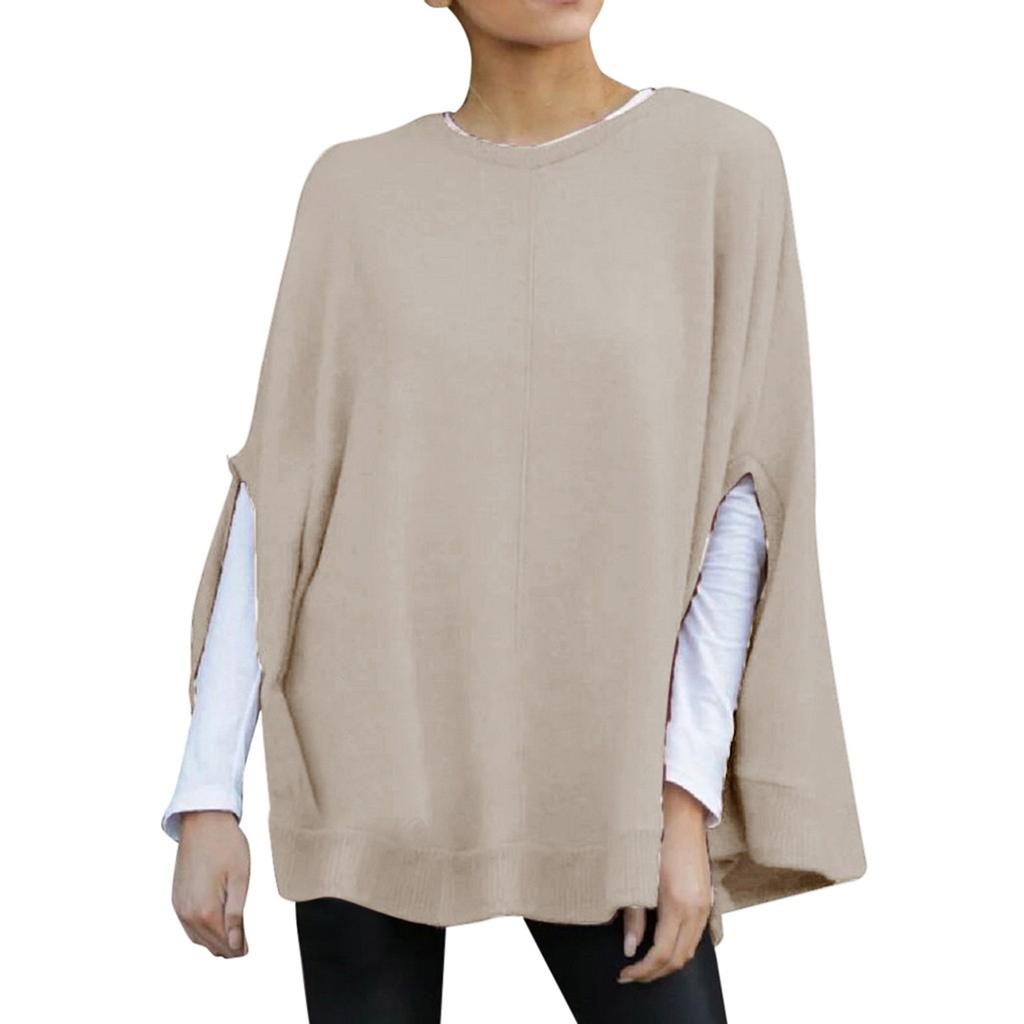 Women Fashion Solid Color Print Loose Hooded  Sleeve Splitter Long Sleeve Top