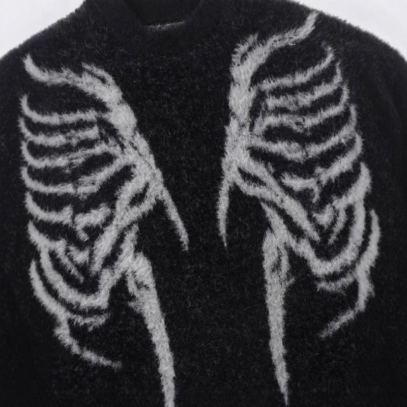 Streetwear Knit Sweater With 3D Jacquard Chest Design Loose Fit Round Neck Womens Fall Winter Top
