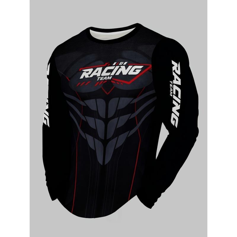Men'S Round Neck Long Sleeve T-Shirt with Racing Pattern Print, Fashionable Casual Base Layer Youth Trendy Top