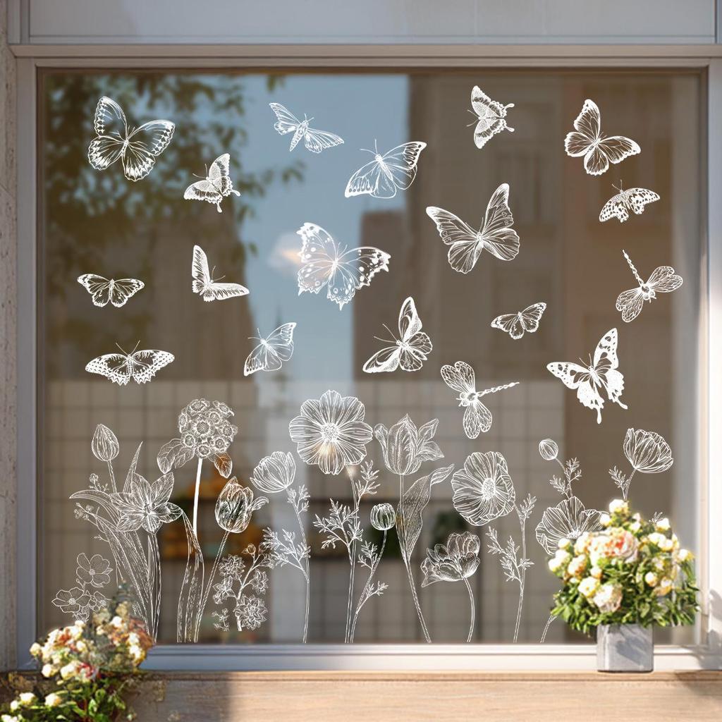 White Butterfly Flower Electrostatic Glass Stickers - Spring Window Decorations, Adhesive & Trace-Free