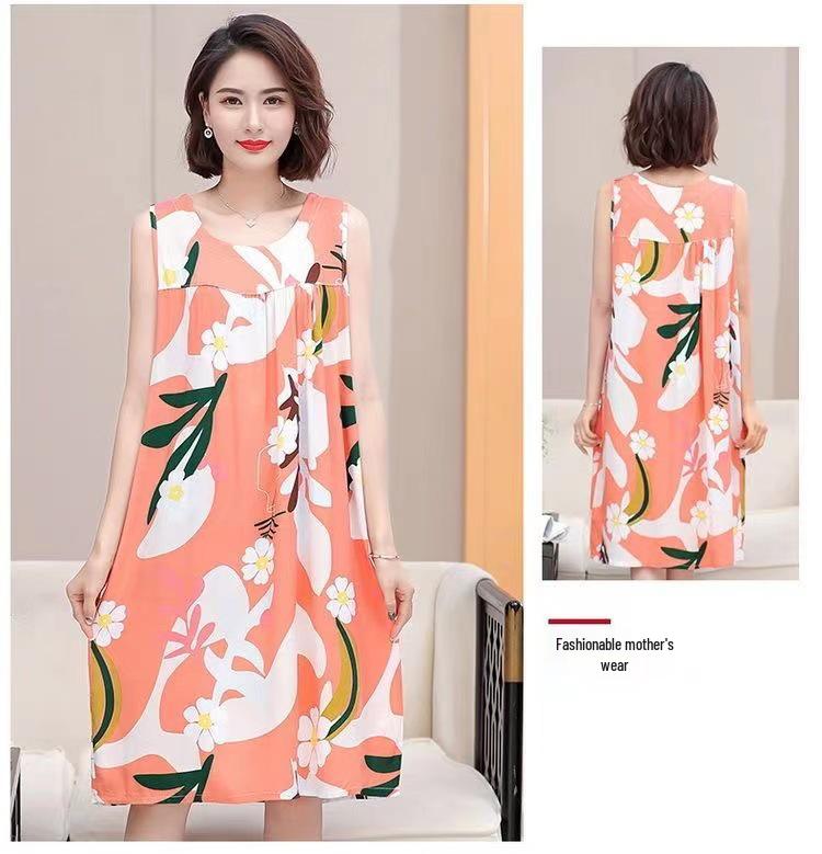 Plus Size Sleeveless Cotton Rayon Dress for Middle-Aged Women