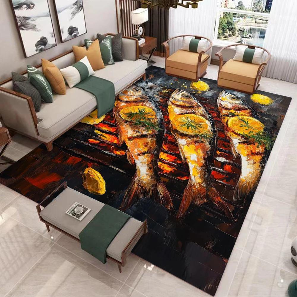 Colorful Grilled Fish Camping Picnic Carpet Living Room Bedside Bedroom Carpet Kitchen Dining Table Floor Mat Corridor Door Mat
