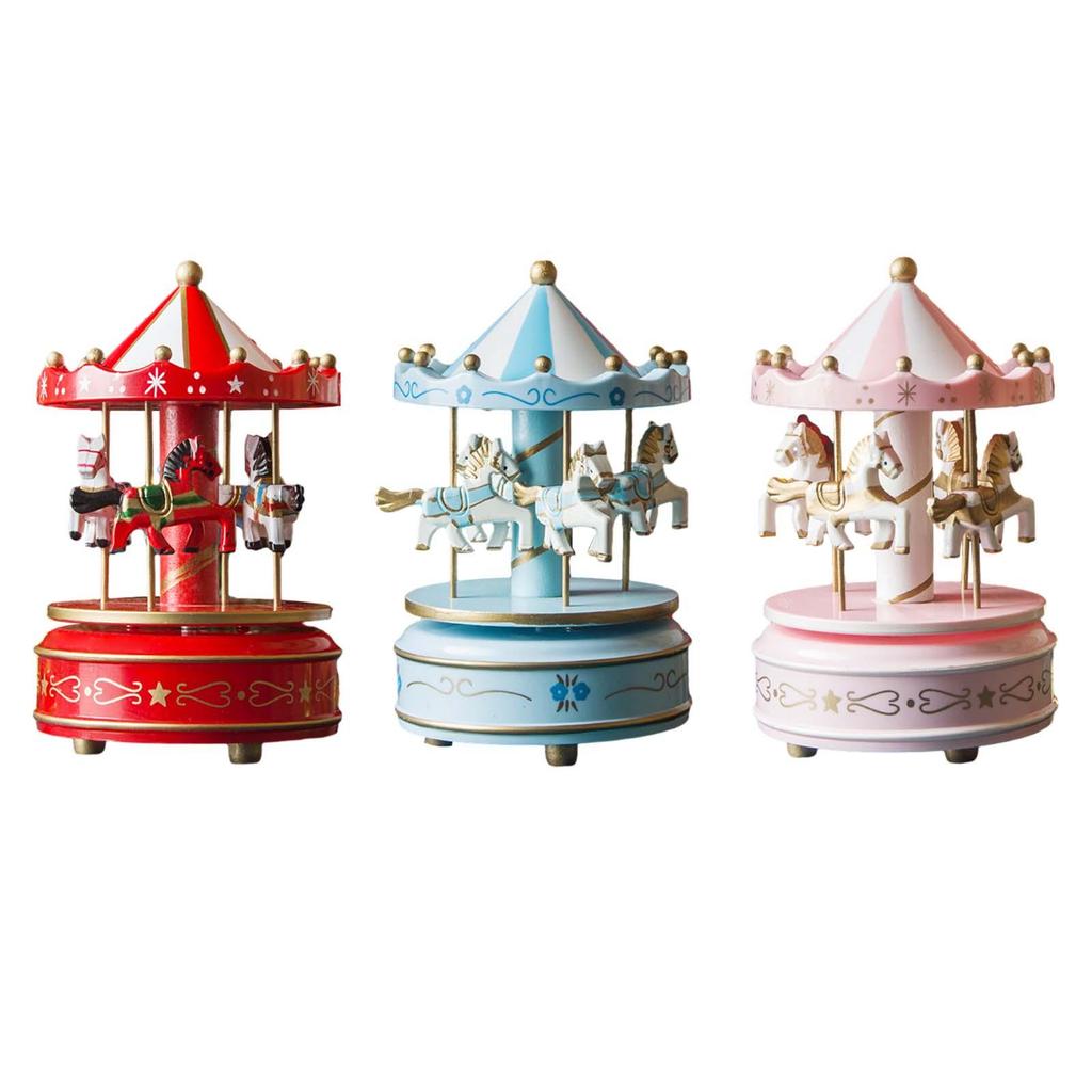 Christmas Wooden Carousel Music Box Turn Horse Shaped Hand Painted Ornament Rotating for Anniversary Present Durable